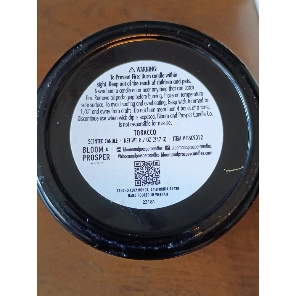 Bloom & Prosper Tobacco Scented Candle 8.7 oz Black Jar BSC9012 Tranquil Dark